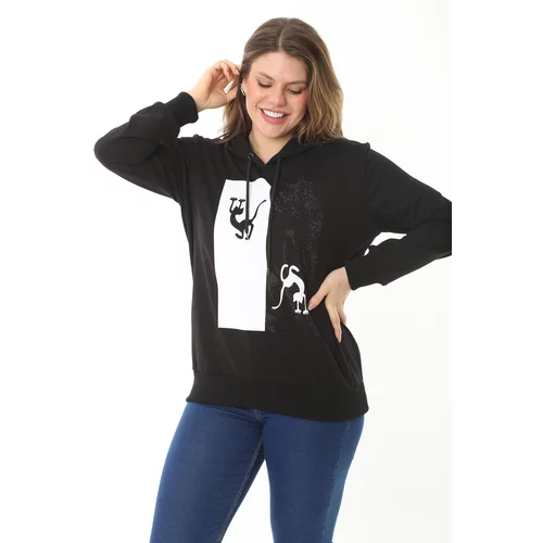 Şans Women's Plus Size Bone Stone And Print Detail Hooded Sweatshirt