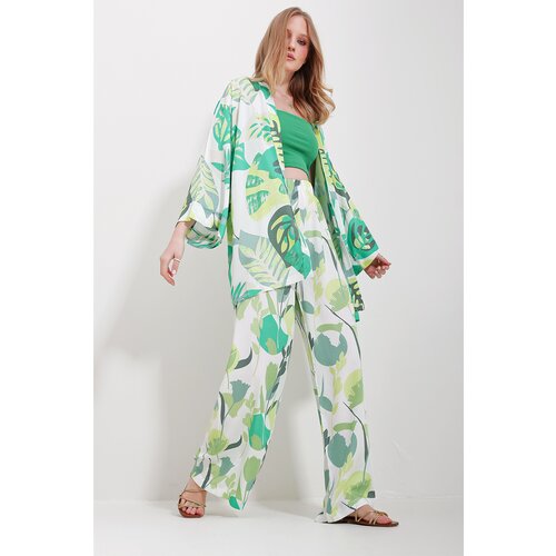 Trend Alaçatı Stili Women's Green Kimono Jacket And Palazzo Pants Suit Slike