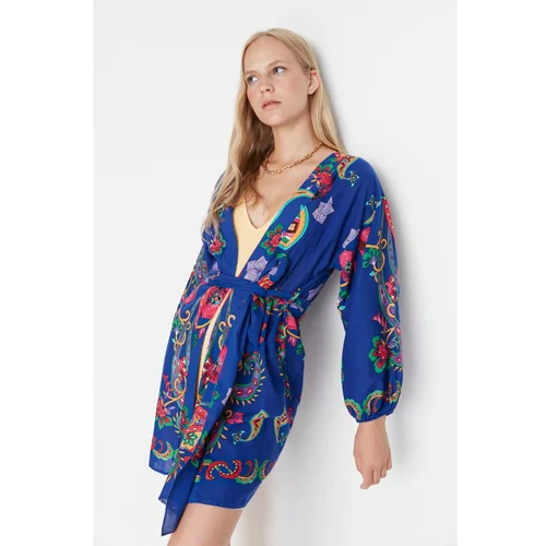 Trendyol Blue-Multicolor Paisley Patterned Kimono & Kaftan