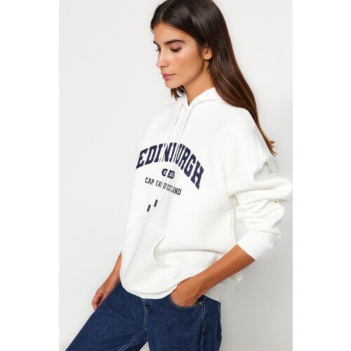 Trendyol Ecru Fleece Inner City Printed Oversize/Wide Fit Hooded Knitted Sweatshirt Slike