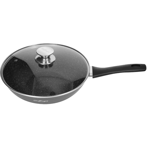 Cheffinger Wok 28 cm z Marmoriranim Premazom s Steklenim Pokrovom in Ro?ajem Soft-grip, ?rna, (21553024)