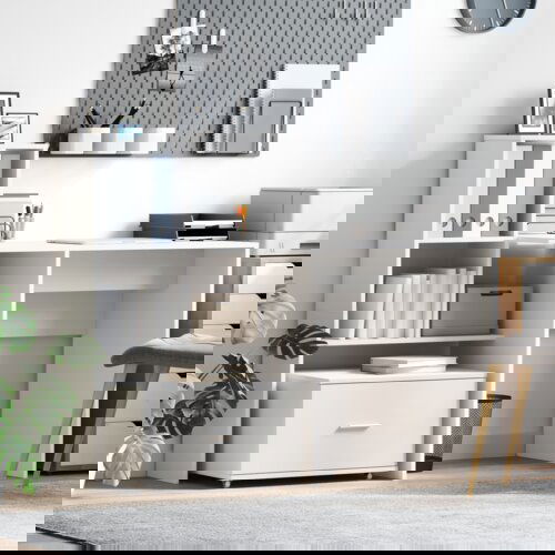 VidaXL Miza s predalom s polico s shranjevanjem Bela 131.5 x 50 x 106.5 cm Konstruiran les Slike