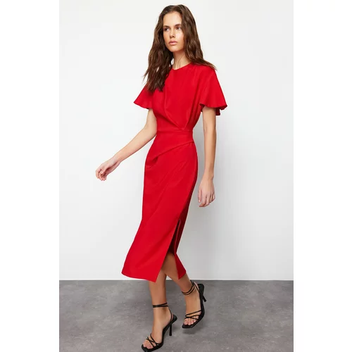 Trendyol Red Straight Cut Gathered Midi Woven Dress