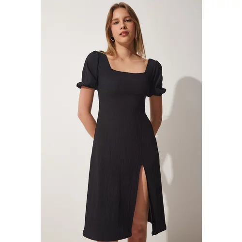 Happiness İstanbul Women's Black Square Collar Summer Knitted Dress