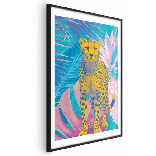  Plakat - Exotic Leopard - colorful portrait of a cheetah against tropical leaves 29.7x42 Crni okvir s margom Cene
