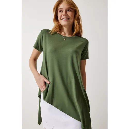  Women's Khaki Asymmetric Viscose Knitted Tunic