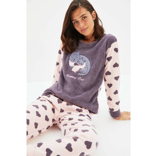 Trendyol Smoked Heart Sleep Band Polar Knitted Pajamas Set Cene