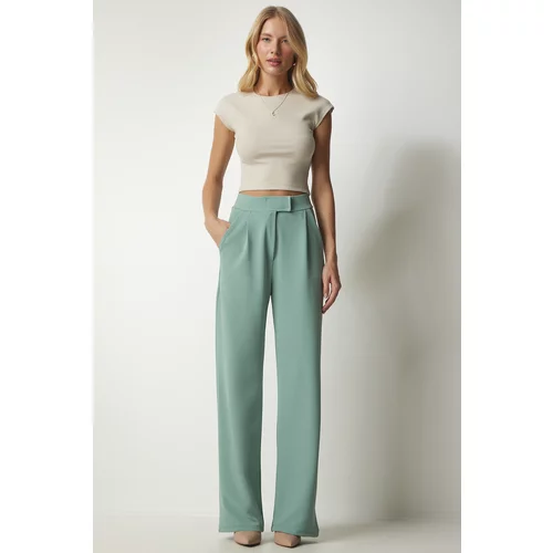 Happiness İstanbul Women's Water Green Comfortable Woven Trousers with a Velcro Waist
