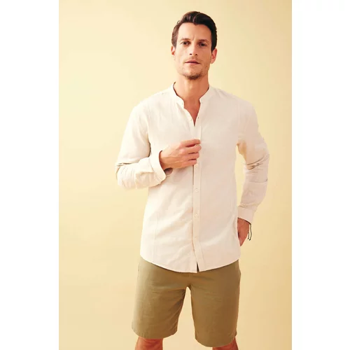 Defacto Modern Fit Straight Collar Long Sleeve Linen Blend Shirt