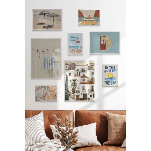 Wallxpert set od 8 uramljenih slika Çgs-068, letnji primorski motivi – suncobrani, mediteranske kuće, školjke i kombi, beli ram Cene