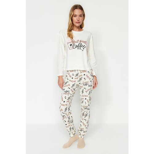 Trendyol Ecru 100% Cotton Motto T-shirt-Jogger Knitted Pajamas Set Cene