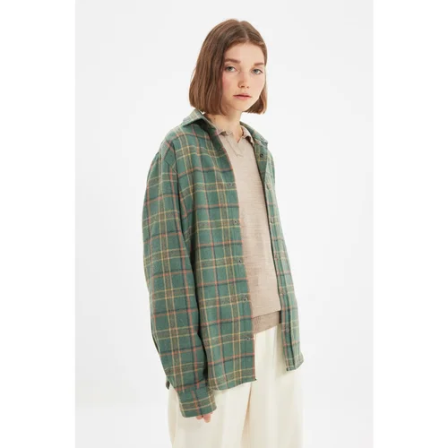 Trendyol Green Unisex Oversize Snap Closure Plaid Lumberjack Shirt