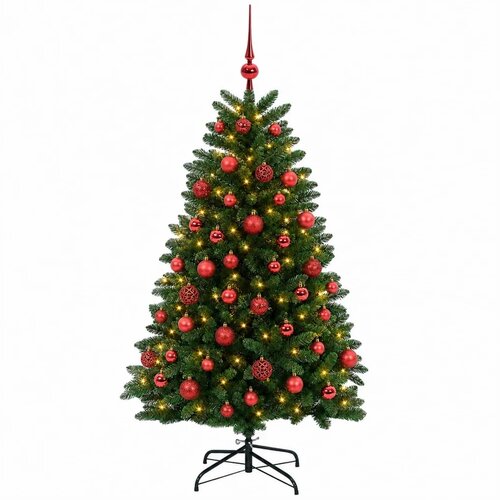  Umjetno božićno drvce srednje zeleno s kuglicama 150 cm - Srednje zelena &amp;Oslash; 80 x 150 cm s 150 LED dioda i crvenim lopticama Slike