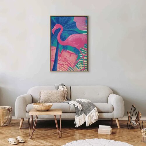  Slika - Pink Flamingo - Abstract Flamingo Against Palms and Ice Cubes 80x120 U prirodnom drvenom okviru Slike