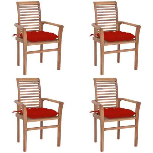  Jedilni stoli 4 kosi z rdečimi blazinami trdna tikovina