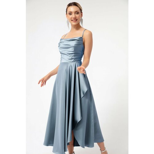 Lafaba Women's Baby Blue Ruffles and Slit Satin Midi Length Evening &; Prom Dress. Slike