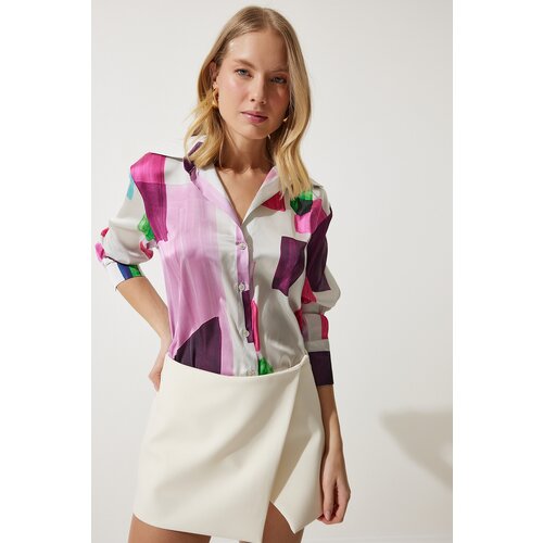  Women's Pink Bone Patterned Satin Surface Shirt Cene