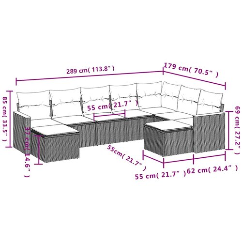  9-dijelni set vrtnih sofa s jastucima crni od poliratana Slike