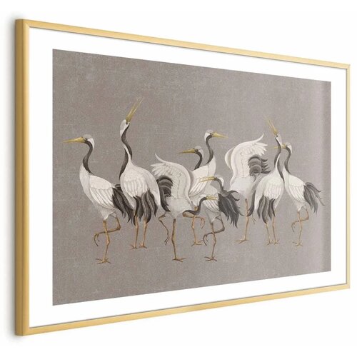  Plakat - Crane Dance - light bird silhouettes on a warm-gray textured background 30x21 Zlatni okvir s margom Cene
