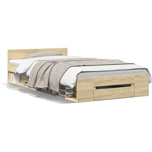 Maison Chic Posteljni okvir - Enojna postelja - Postelja za odrasle s predalom sonoma hrast 90x190 cm inž. les, (21696617) Slike
