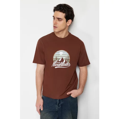 Trendyol Men's Brown Relaxed/Casual-Fit Scenery-Text Printed 100% Cotton Short Sleeve T-Shirt