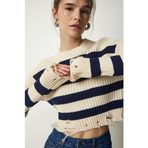 Happiness İstanbul Women's Cream Navy Blue Ripped Detail Knitwear Crop Sweater Slike