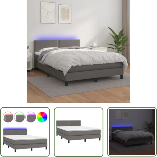 The Living Store Box spring postelja z vzmetnico LED siva 140x190cm umetno usnje - Box Spring Postelja, (21737231)