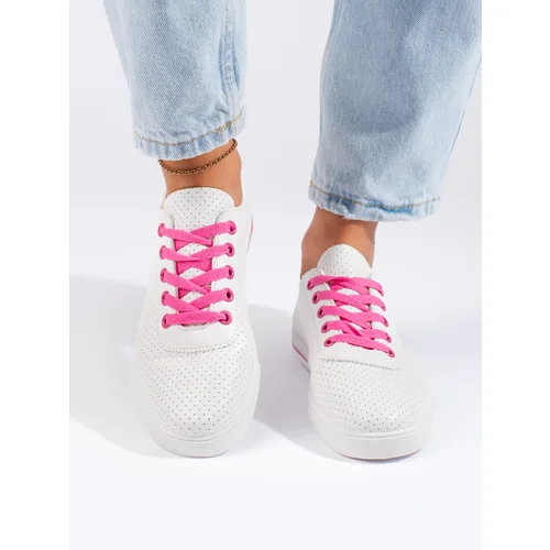 Shelvt White women's sneakers with pink laces