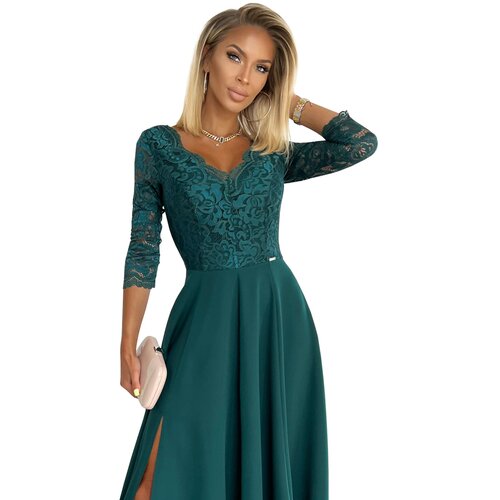 NUMOCO 309-5 AMBER elegant lace long dress with a neckline - BOTTLE GREEN Cene
