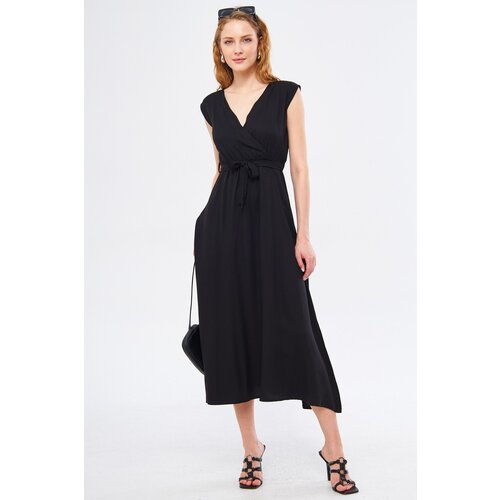 armonika women's Black Efta Dress Back and Front Collar Double Breasted Belted Midi Length Cene