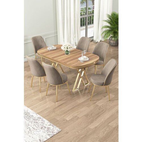 Hanah home Lai - Light Walnut, Gold, Cappuccino Light WalnutGoldCappuccino Dining Table & Chairs Set (7 Pieces) Cene