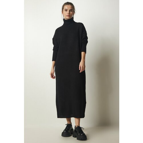 Happiness İstanbul Women's Black Turtleneck Slit Oversize Knitwear Dress Slike