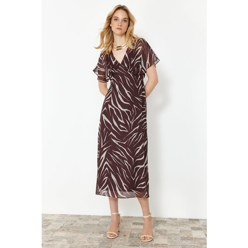 Trendyol Dark Brown Abstract Patterned A-line Chiffon Maxi Woven Dress Slike