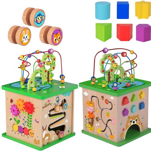Tooky Toy drvena edukativna kocka s aktivnostima, razvrstavačem i labirintom Slike