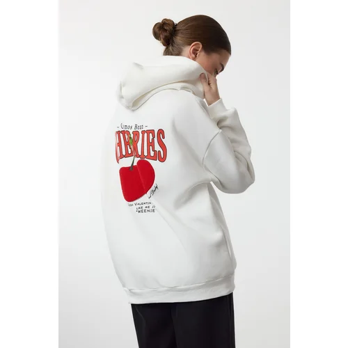 Trendyol White Thick Fleece Back Cherry Embroidery Hooded Knitted Sweatshirt