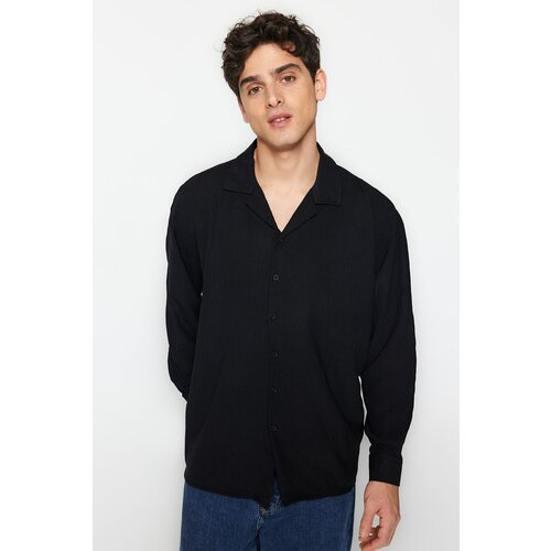Trendyol Men's Black Regular Fit Fit Wide Collar Summer Linen Look Plus Size Shirt Cene