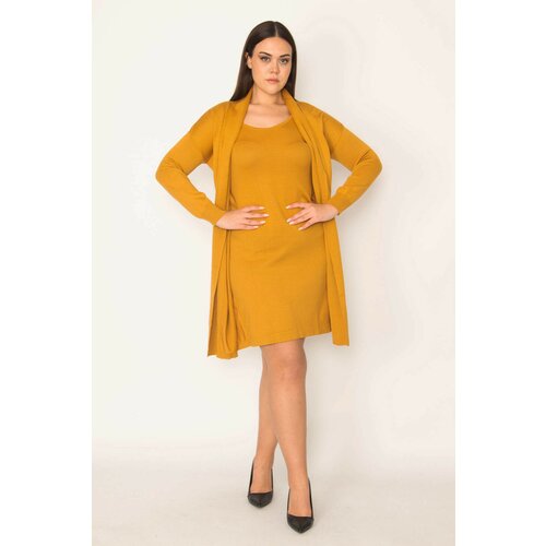 Şans Women's Plus Size Mustard Front Dress Cardigan Slike