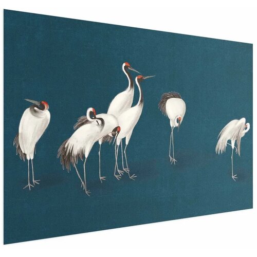  Plakat - Evening at the Pond - group of cranes drawn in dry pastel on a dark turquoise background 90x60 Bez okvira Cijene