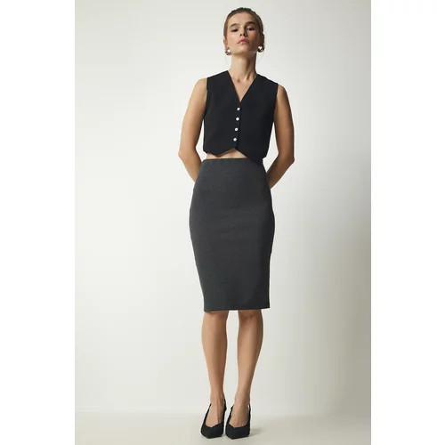 Happiness İstanbul Women's Anthracite Slit Steel Knitted Skirt
