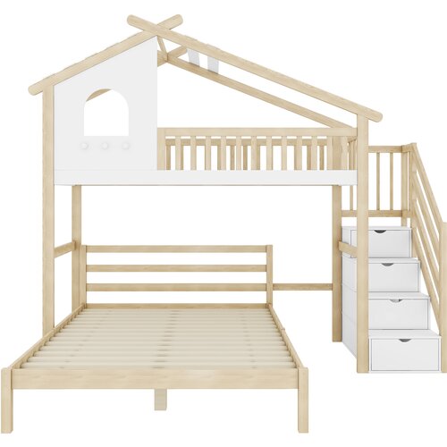 Lumor Pogradna postelja 140x200cm + 90x200cm s 4 predali in oknom, bor in Mdf, naravni les in bela barva, (22156792) Cene