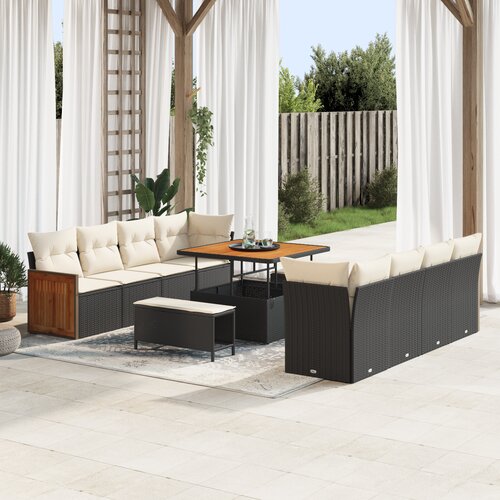 vidaXL 11-delni vrtni set sofa z blazinami, črn poli ratan, akacija Cene