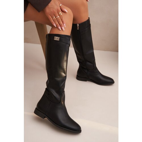Boto Insulated Women's Boots Flat Heel with Strap and Silver Detail Black Geraline Cene