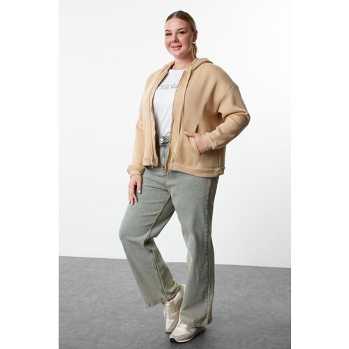 Trendyol Curve Beige Hooded Plus Size Knitted Sweatshirt with Fleece Inside and Zipper on the Front Cene