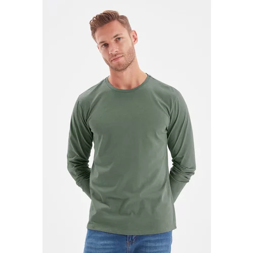 Trendyol Dark Green Men's Basic Regular/Regular Cut Long Sleeved 100% Cotton T-Shirt.