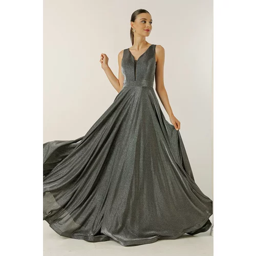 By Saygı V-Neck Imaginary Evening Dress with Tulle and Glittery Lined.