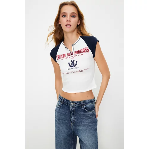 Trendyol White Color Blocked Slogan Printed Fitted Crop Knitted T-Shirt
