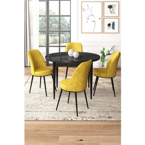 Hanah home Tor - Black Marble, Mustard Black MarbleMustard Dining Table & Chairs Set (5 Pieces) Cene