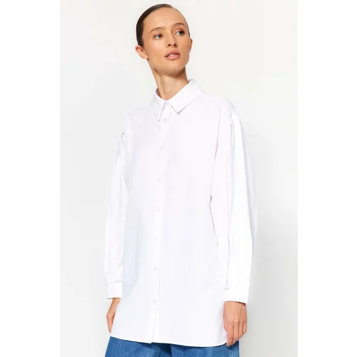 Trendyol White Balloon Sleeves Knitted Shirt with Pleat Detail