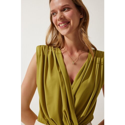 Women's Oil Green Wrapover Collar Wadding Snap Knitted Blouse Slike