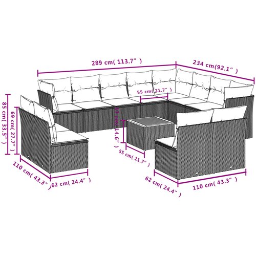  13-dijelni set vrtnih sofa s jastucima poliratan crni Slike